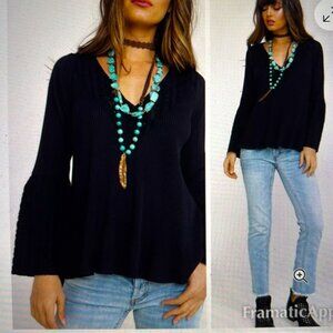[New] Free People (XSTP) Black Cotton Parisian Nights Bell Sleeved Bohemian Top
